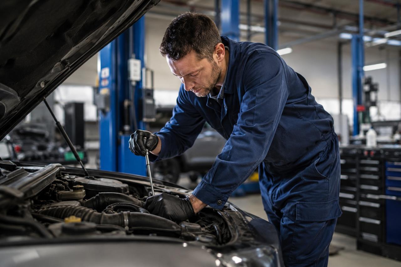 Mechanic working on a car engine