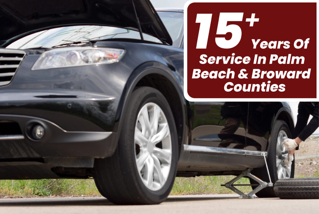 Corbin's Auto Repair graphic marking more than 15 years of service in Palm Beach and Broward Counties, over a photo of a roadside tire change